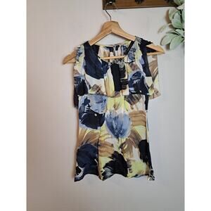 Bcbgmaxazria 100% Silk Sleeveless Blouse Sz XS Blue White Brown Yellow